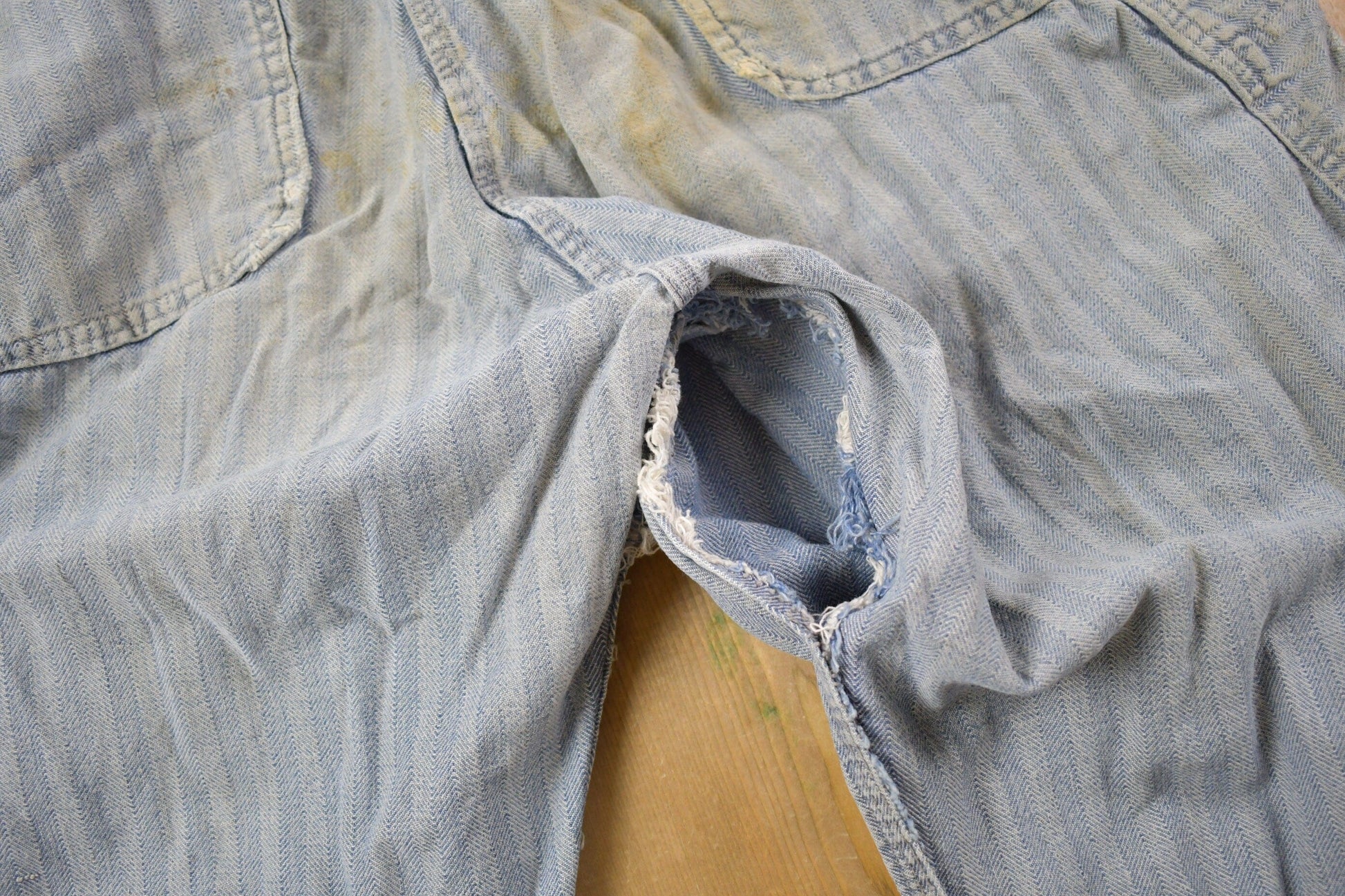 Vintage 1930s Perfect Union Made Distressed Denim Button Down Jumpsuit Men's 38 x 28 from propervintagecanada