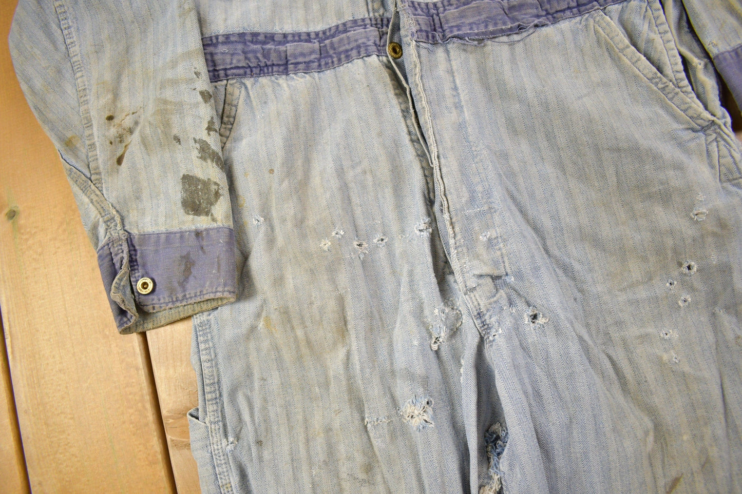 Vintage 1930s Perfect Union Made Distressed Denim Button Down Jumpsuit Men's 38 x 28 from propervintagecanada