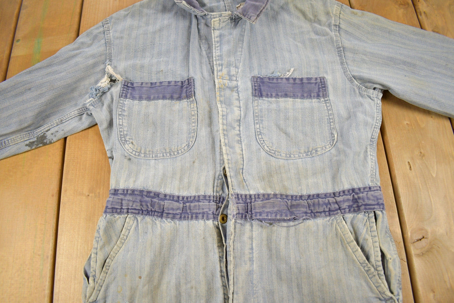 Vintage 1930s Perfect Union Made Distressed Denim Button Down Jumpsuit Men's 38 x 28 from propervintagecanada