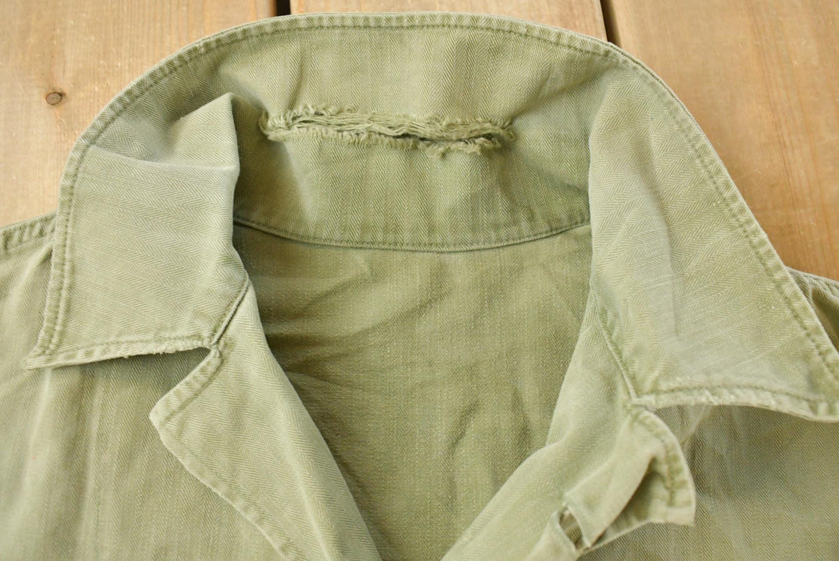 Vintage 1940s Military HBT Olive Drab Button Up Shirt Men's Medium from propervintagecanada