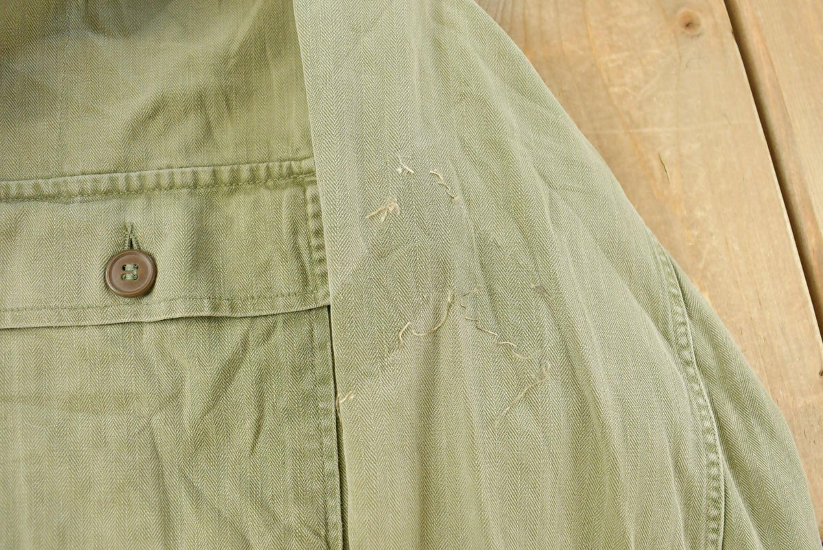 Vintage 1940s Military HBT Olive Drab Button Up Shirt Men's Medium from propervintagecanada