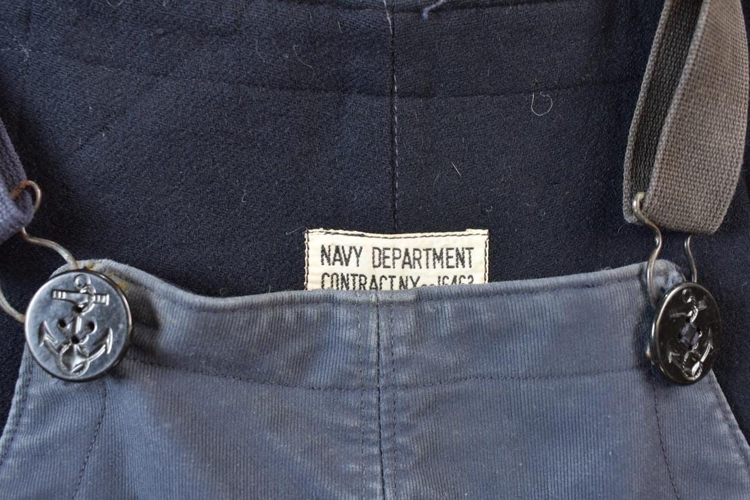 Vintage 1940s N Deck Bib Overalls WWII Blue from propervintagecanada