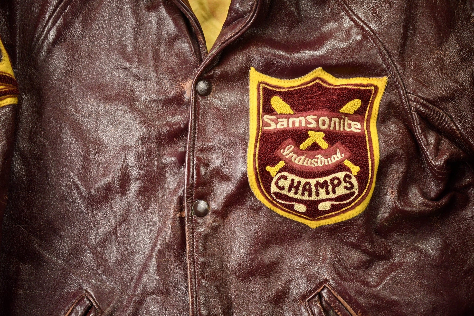 Vintage 1940s Samsonite Horsehide Varsity Jacket Industrial Champs Leather Jacket Men's Small from propervintagecanada