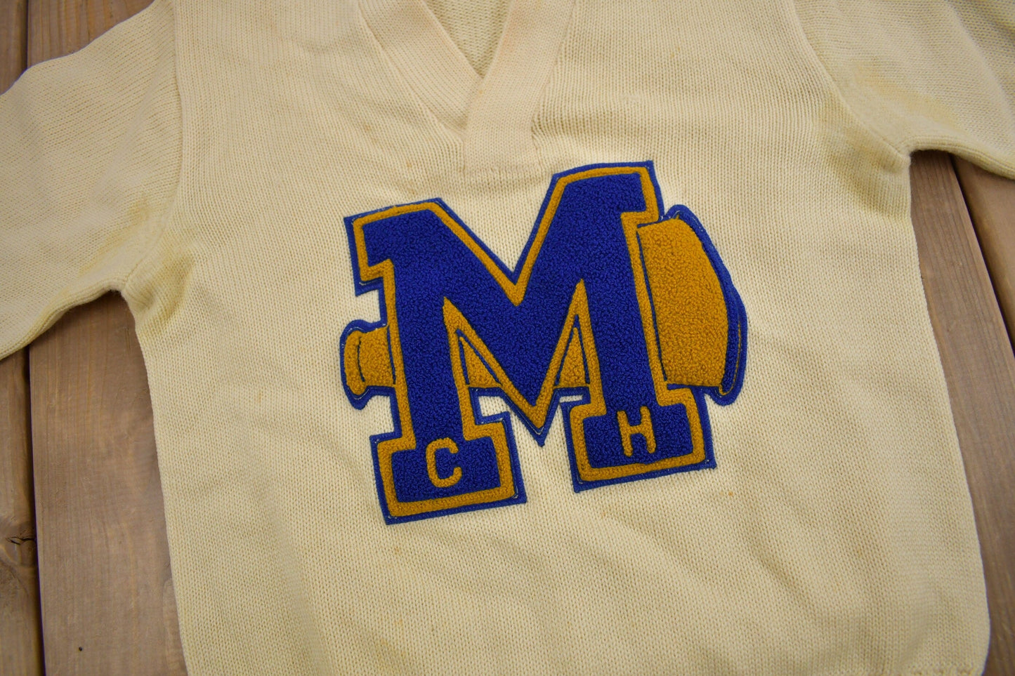 Vintage 1950s 100% Wool Collegiate Varsity Style Knit Sweater "MCH" True Vintage Men's S from propervintagecanada