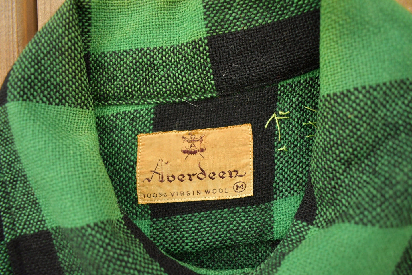 Vintage 1950s Aberdeen Green Buffalo Plaid Wool Button Up Shirt from propervintagecanada