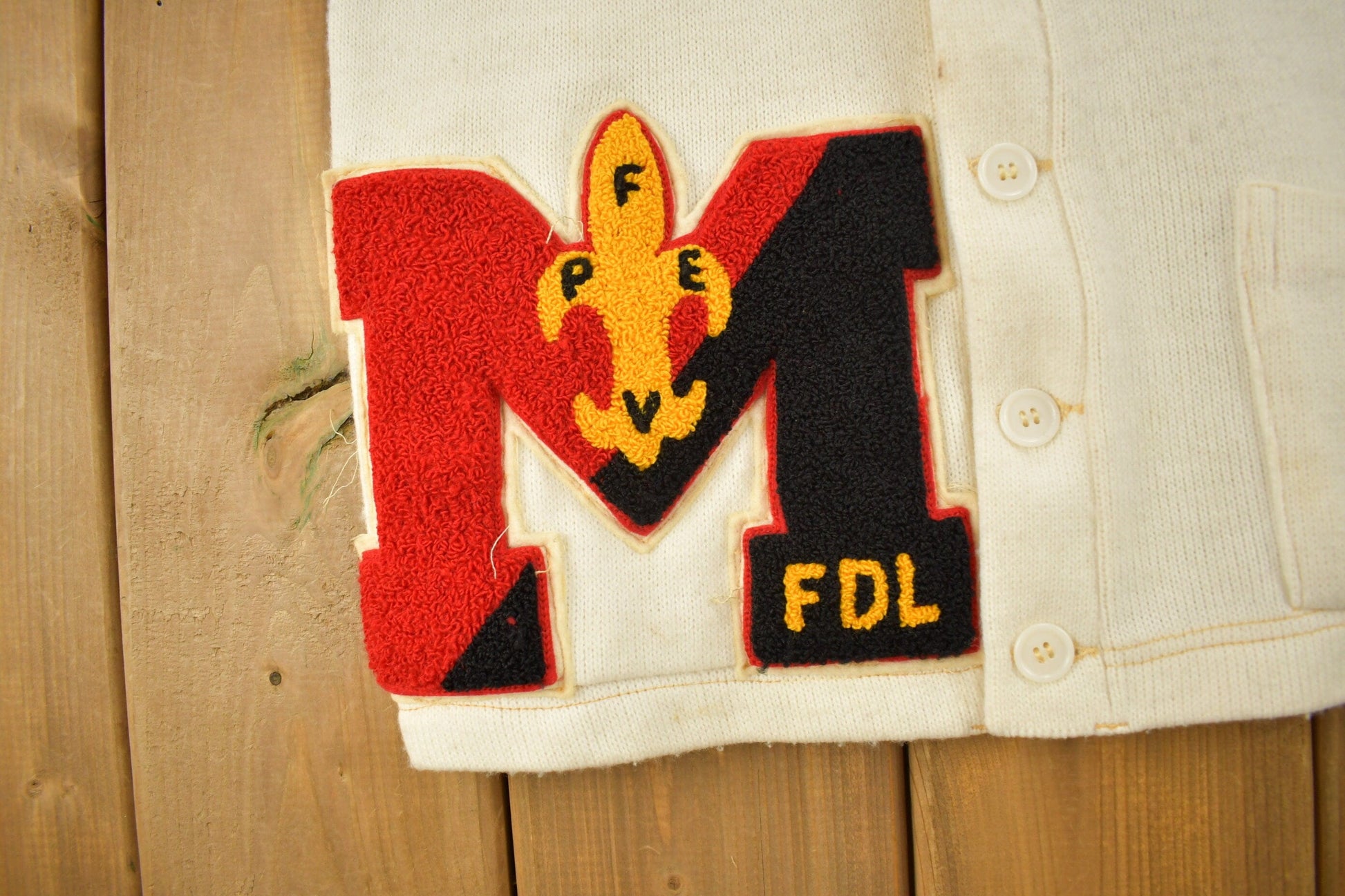 Vintage 1950s FDL Embroidered Collegiate Cardigan Sweater Men's Medium from propervintagecanada