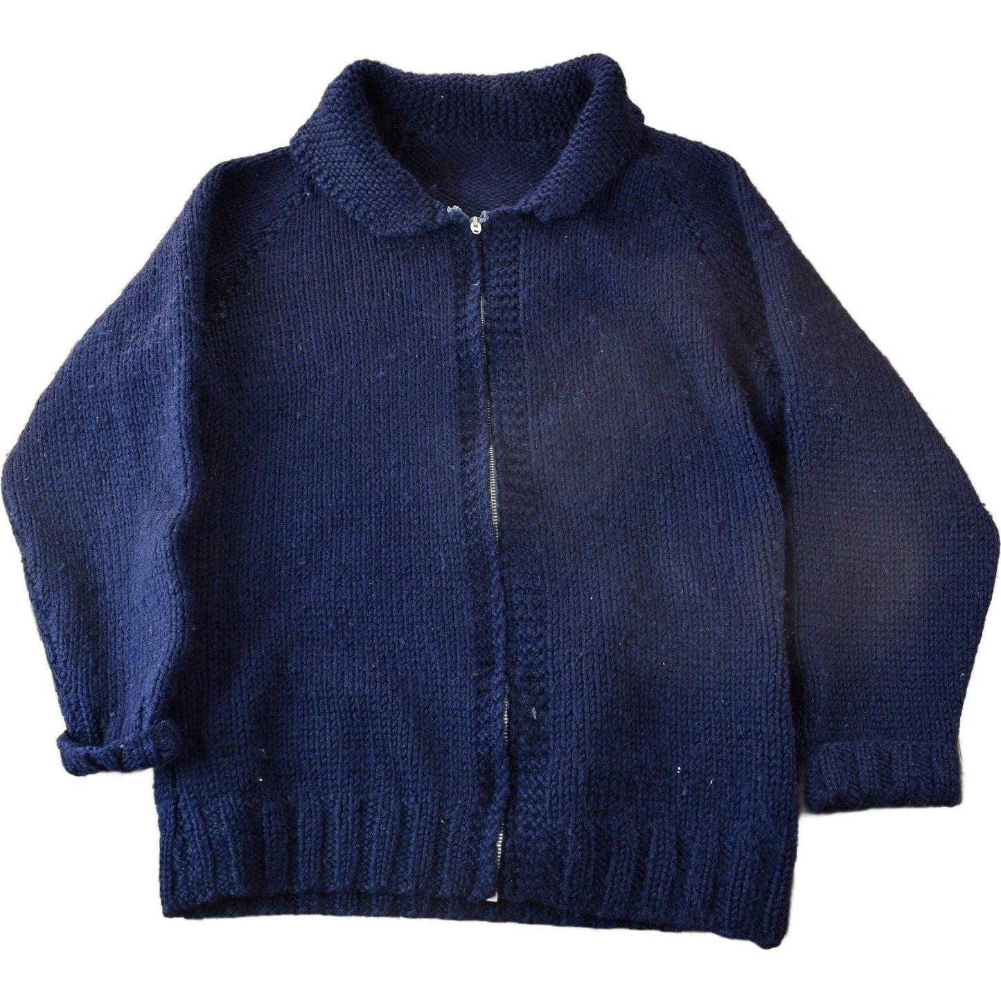 Vintage 1950s Hand-Knit Blank Navy Blue Cowichan Sweater Men's Medium from propervintagecanada