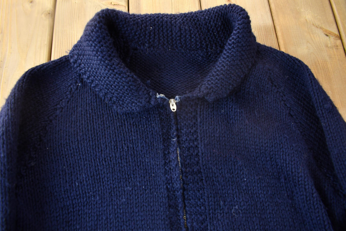 Vintage 1950s Hand-Knit Blank Navy Blue Cowichan Sweater Men's Medium from propervintagecanada