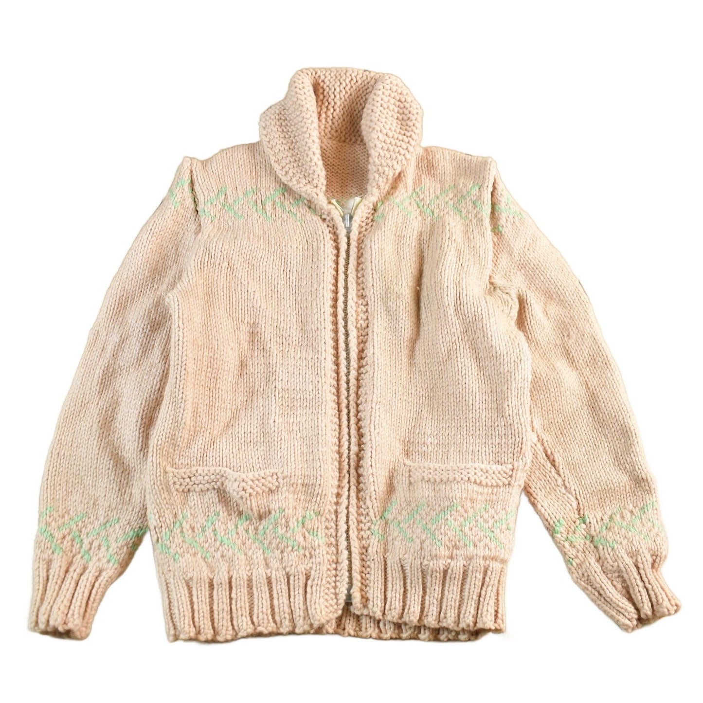 Vintage 1950s Hand-Knit Pink Zip Up Cowichan Sweater Women's Medium from propervintagecanada