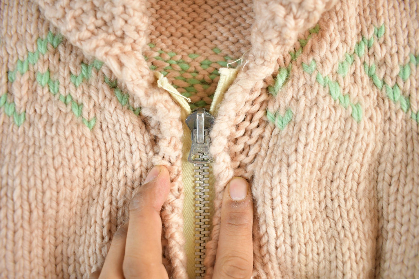Vintage 1950s Hand-Knit Pink Zip Up Cowichan Sweater Women's Medium from propervintagecanada