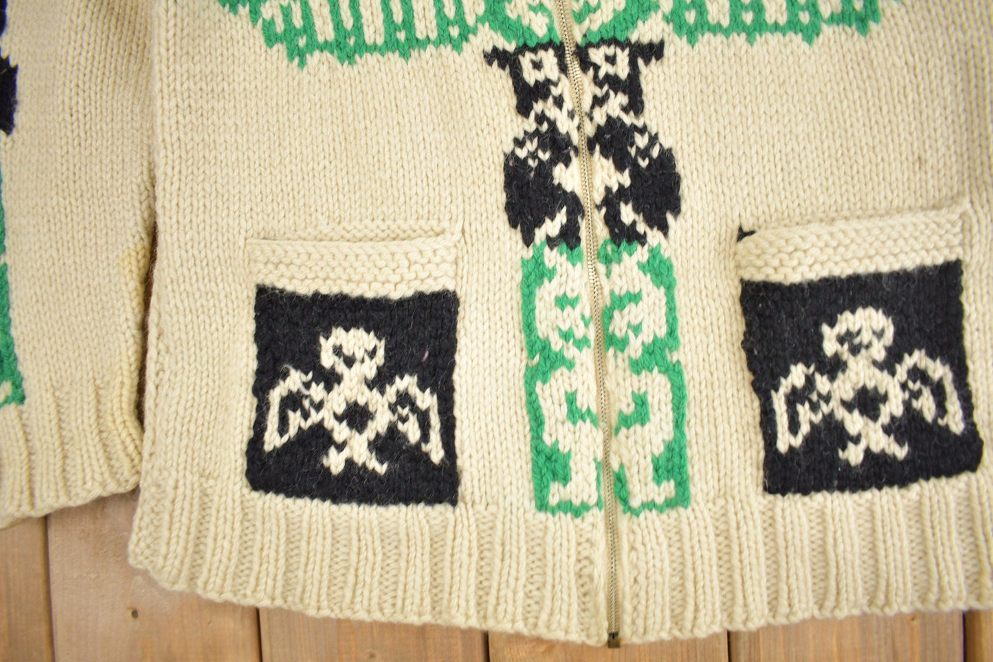 Vintage 1950s Hand-Knit Totem Pole Cowichan Sweater Men's Medium from propervintagecanada