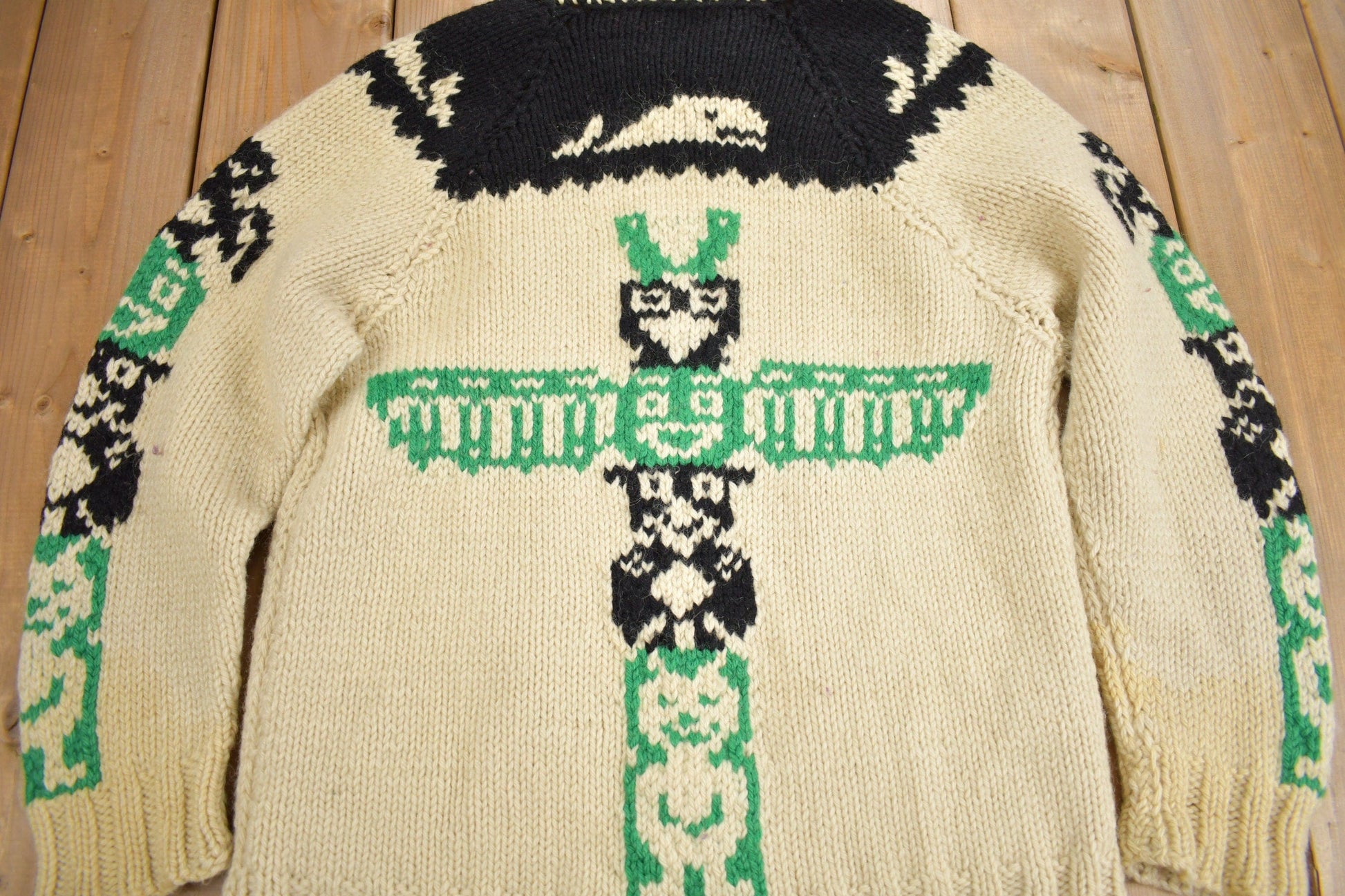 Vintage 1950s Hand-Knit Totem Pole Cowichan Sweater Men's Medium from propervintagecanada