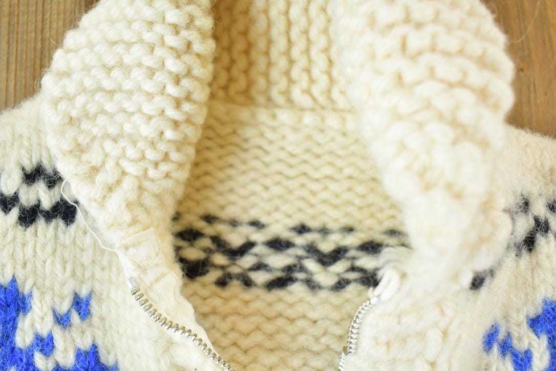 Vintage 1950s Hand Knit Wool Snowflake Full Zip Sweater Youth S from propervintagecanada