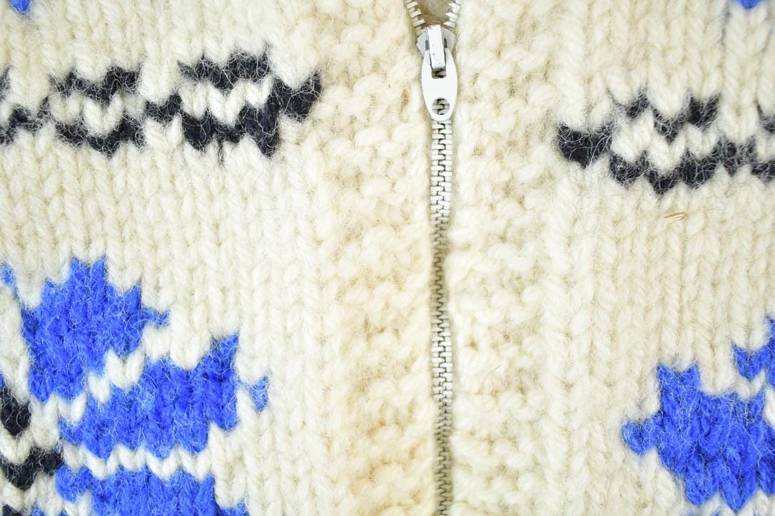 Vintage 1950s Hand Knit Wool Snowflake Full Zip Sweater Youth S from propervintagecanada