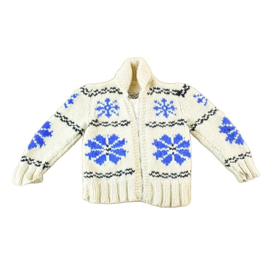 Vintage 1950s Hand Knit Wool Snowflake Full Zip Sweater Youth S from propervintagecanada