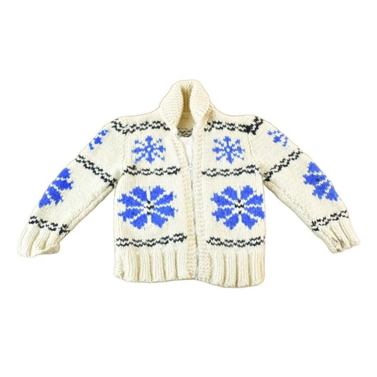 Vintage 1950s Hand Knit Wool Snowflake Full Zip Sweater Youth S from propervintagecanada