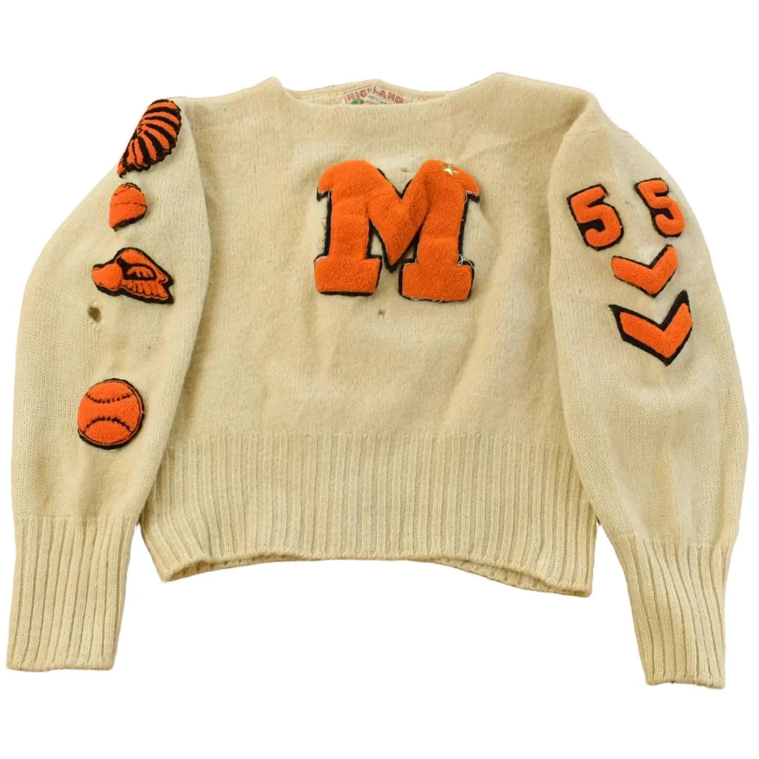 Vintage 1950s Highland Chenille Patch Collegiate Wool Knit Sweater Men's XS-S from propervintagecanada