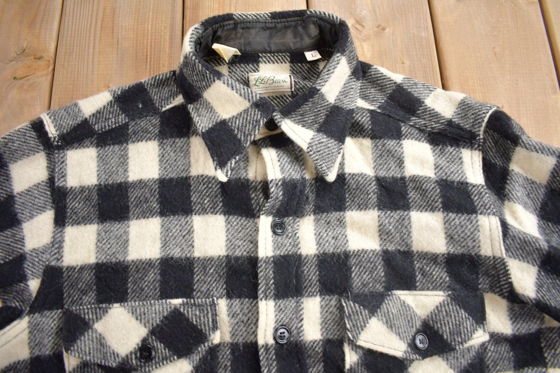 Vintage 1950s LL Bean Buffalo Plaid Wool Button Up Shirt Men's Medium from propervintagecanada