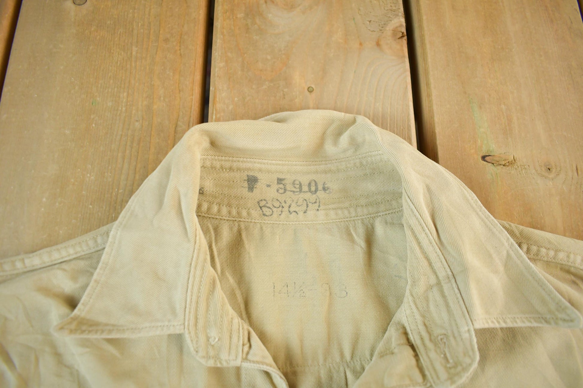 Vintage 1950s Military Khaki Button Up Shirt Men's Large from propervintagecanada