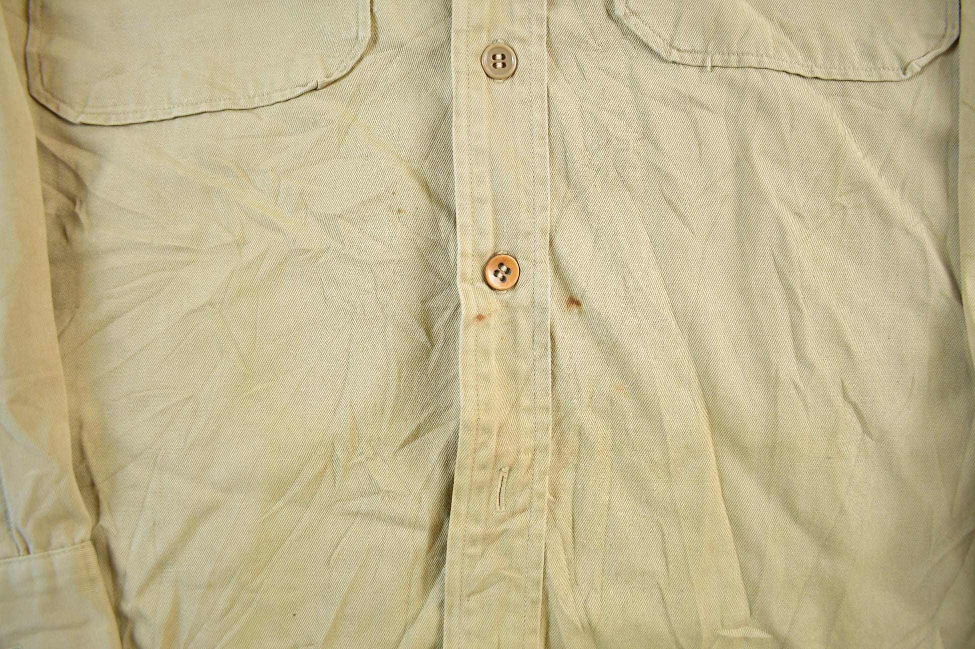 Vintage 1950s Military Khaki Button Up Shirt Men's Large from propervintagecanada