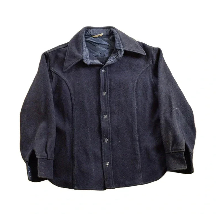 Vintage 1950s Navy Blue Wool Button Up Shirt Men's Large from propervintagecanada