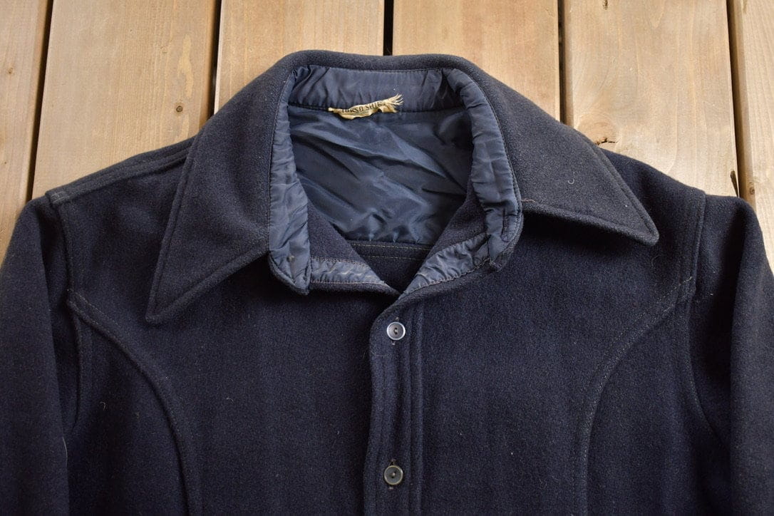 Vintage 1950s Navy Blue Wool Button Up Shirt Men's Large from propervintagecanada