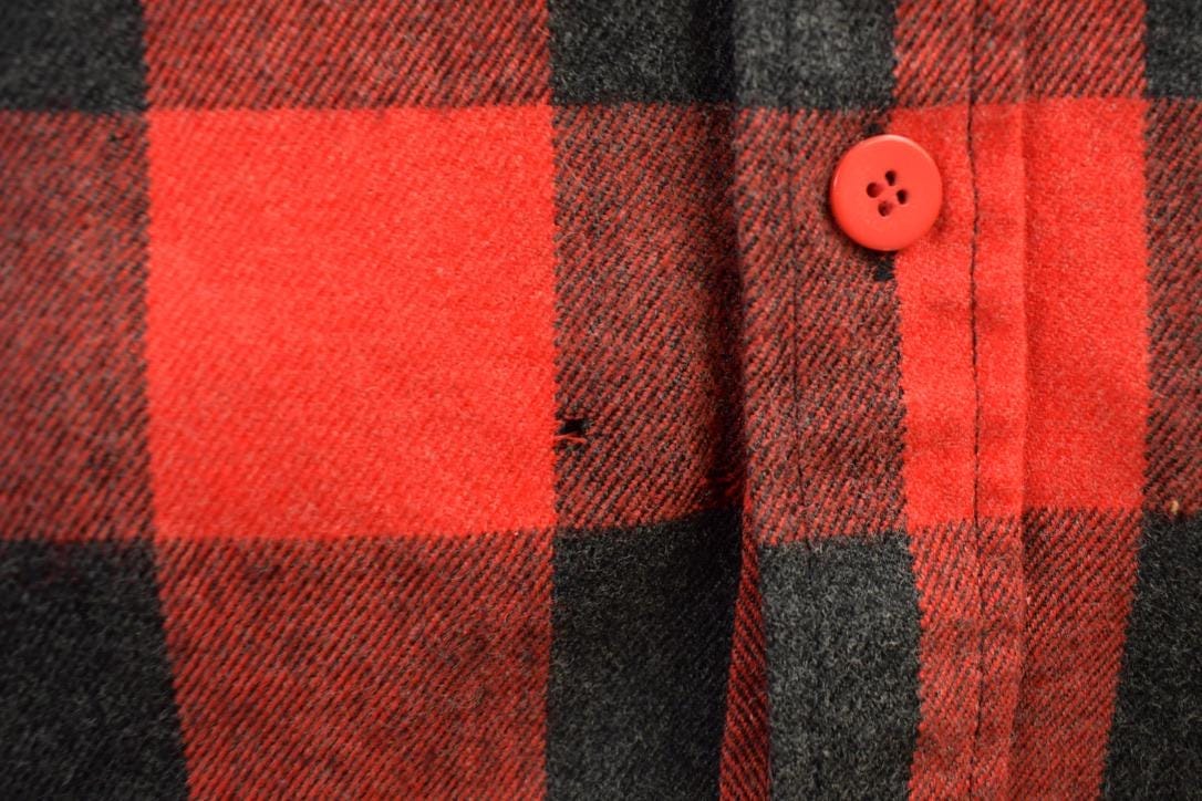 Vintage 1950s P. Kimberley Buffalo Plaid Wool Button Up Shirt Men's Medium from propervintagecanada