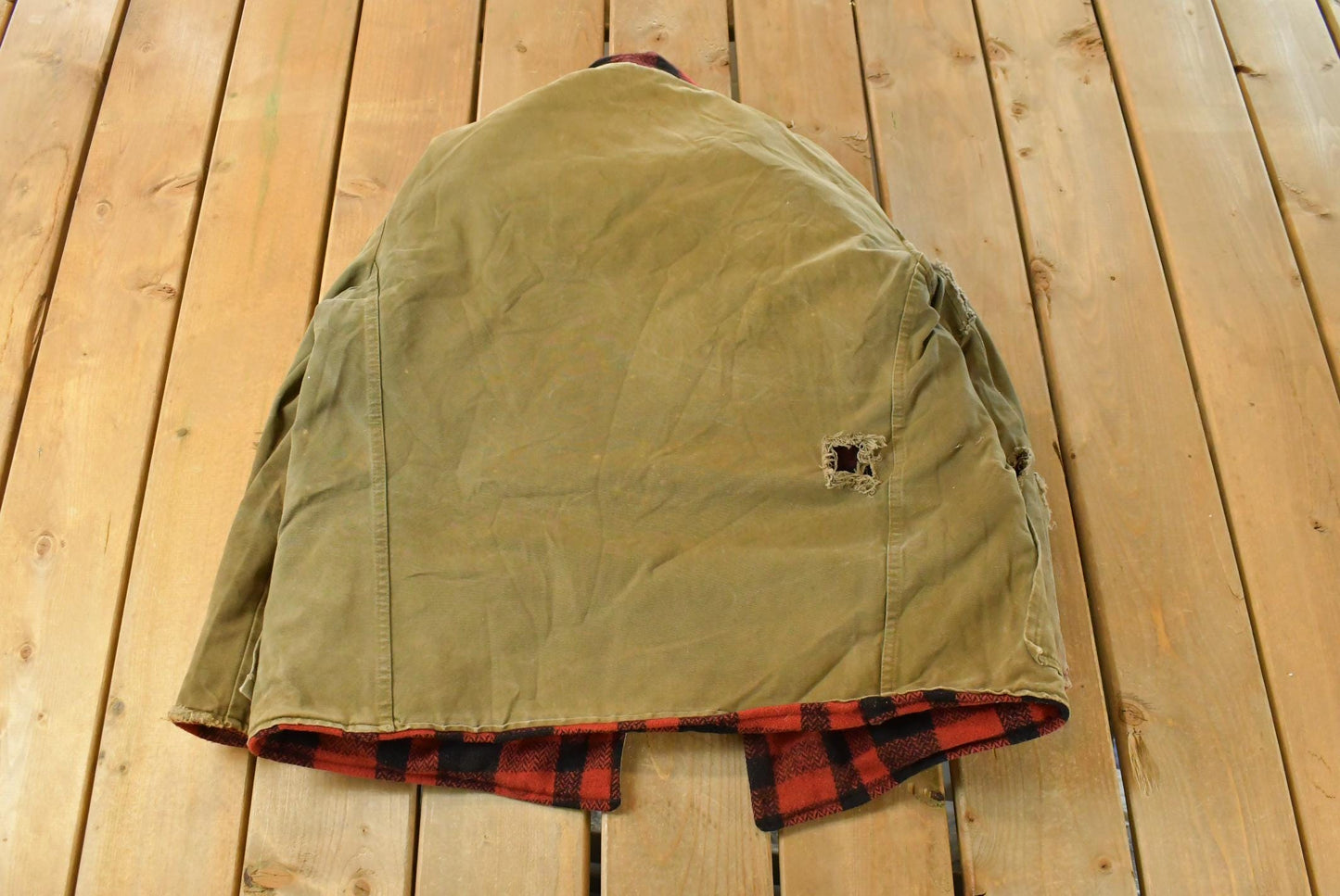 Vintage 1950s Thrashed Reversible Wool Flannel Hunting Jacket Men's L from propervintagecanada