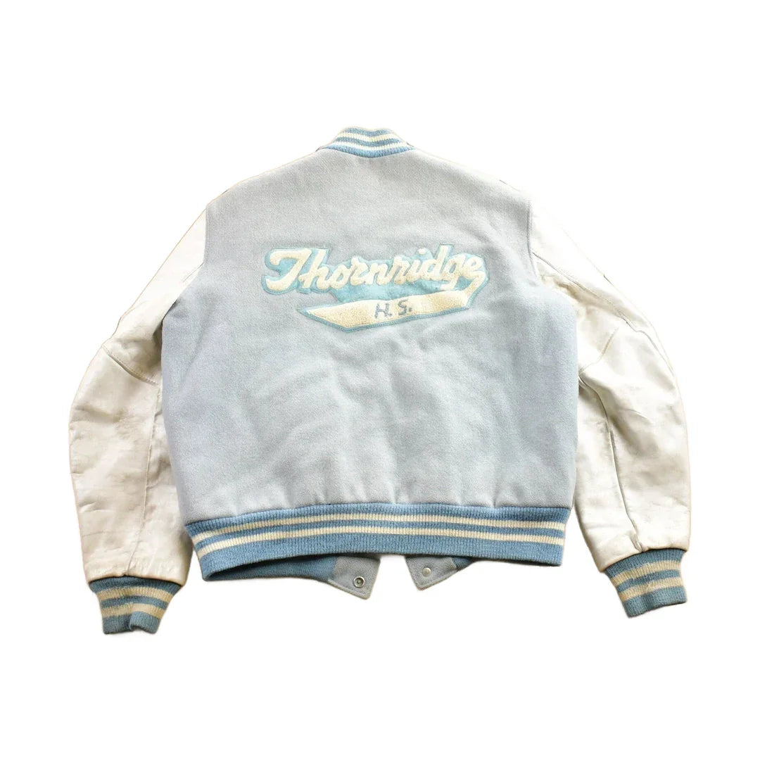 Vintage 1950s Thronridge Highschool Leather & Wool Embroidered Varsity Jacket Made In USA from propervintagecanada