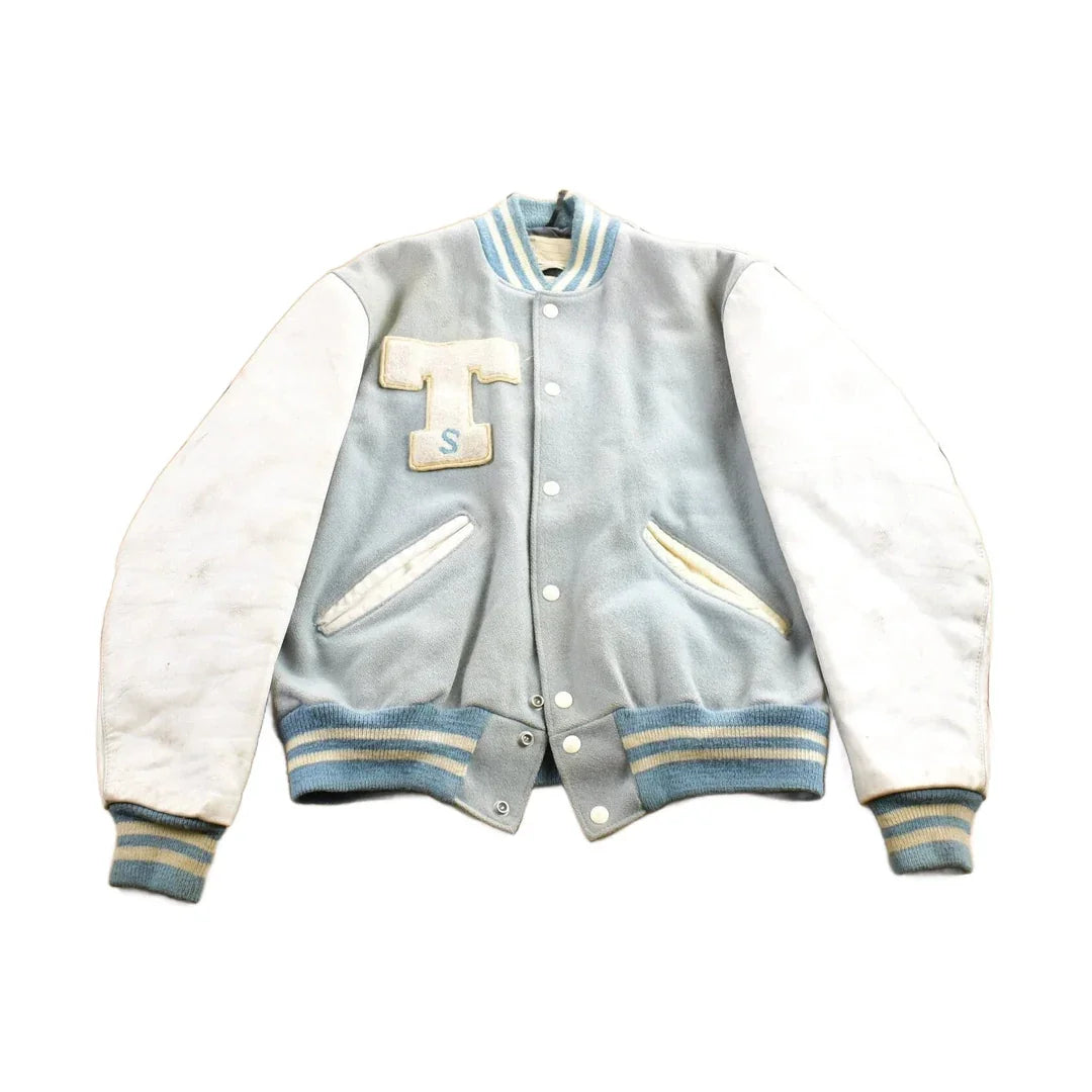 Vintage 1950s Thronridge Highschool Leather & Wool Embroidered Varsity Jacket Made In USA from propervintagecanada