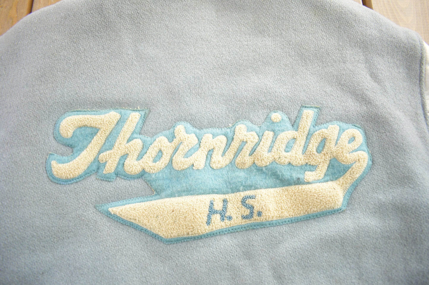 Vintage 1950s Thronridge Highschool Leather & Wool Embroidered Varsity Jacket Made In USA from propervintagecanada