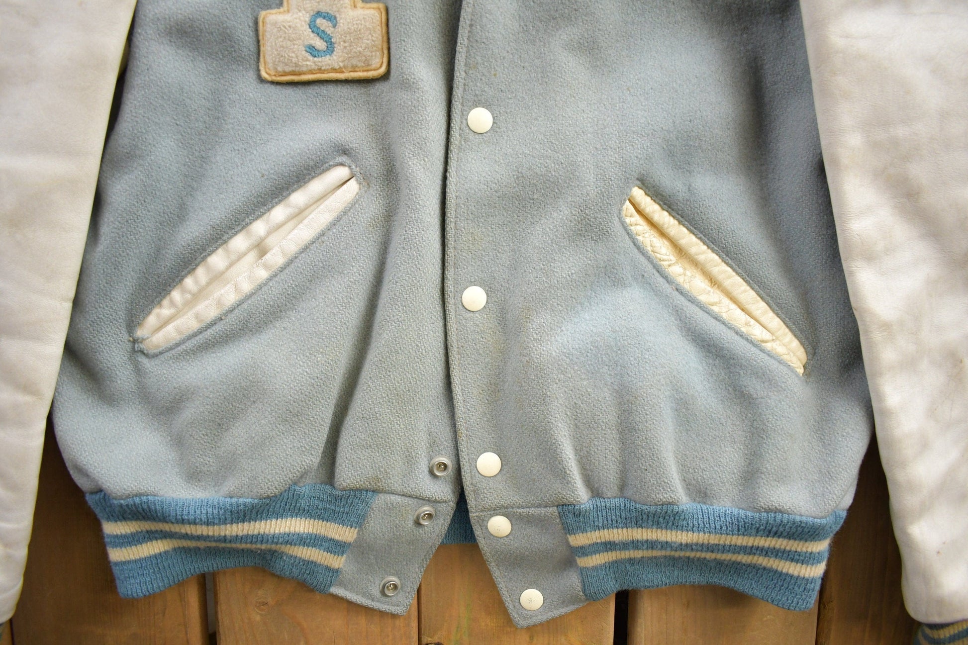 Vintage 1950s Thronridge Highschool Leather & Wool Embroidered Varsity Jacket Made In USA from propervintagecanada