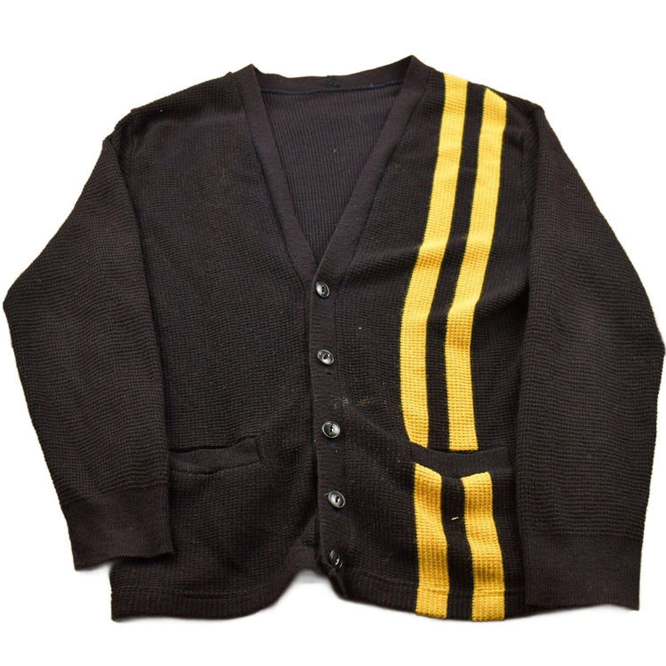 Vintage 1950s Vertical Yellow Racing Stripe Knitted Cardigan Sweater Men's S from propervintagecanada