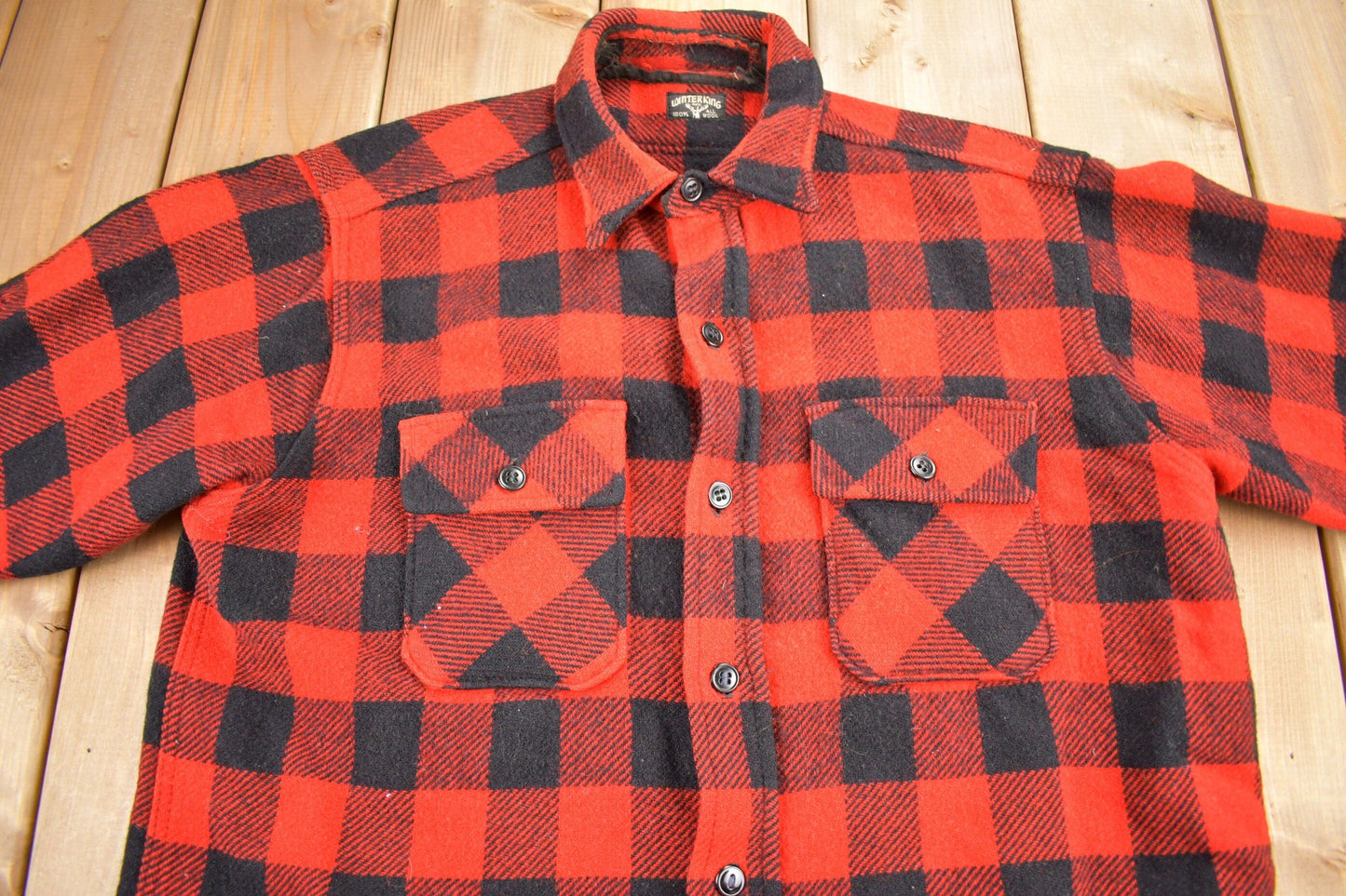 Vintage 1950s Winter King Buffalo Plaid Wool Button Up Shirt Men's Large from propervintagecanada