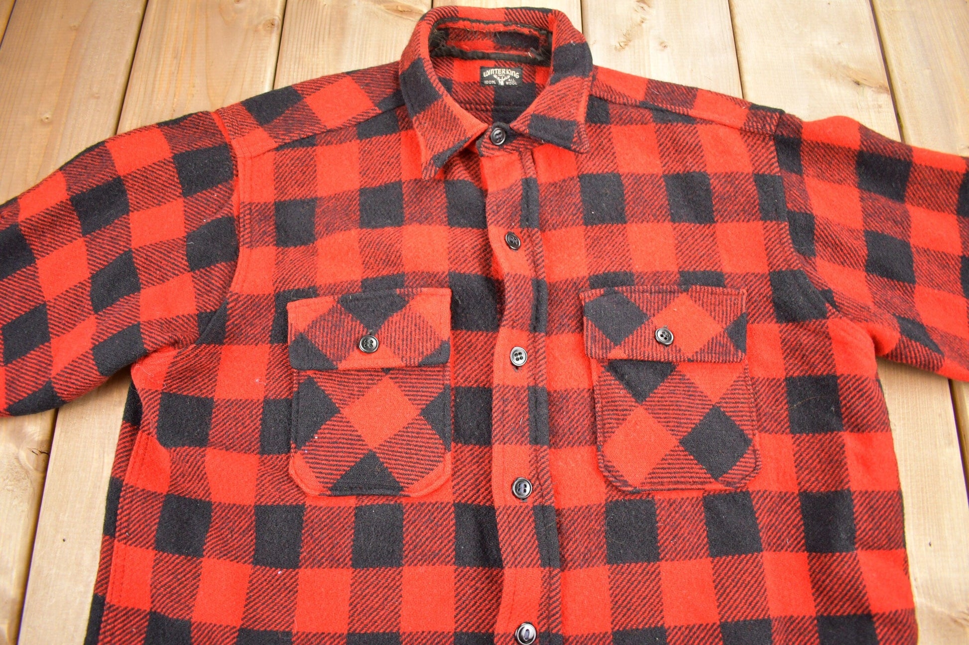 Vintage 1950s Winter King Buffalo Plaid Wool Button Up Shirt Men's Large from propervintagecanada