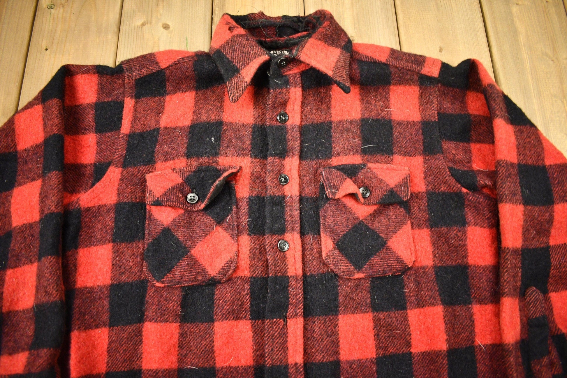 Vintage 1950s Winter King Buffalo Plaid Wool Button Up Shirt Men's Large from propervintagecanada