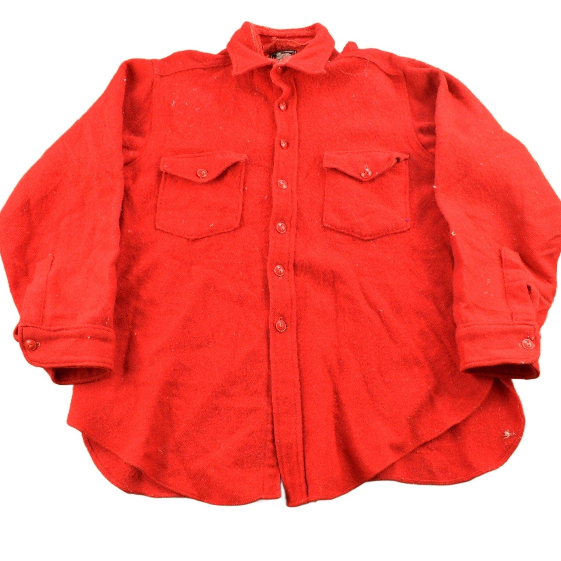 Vintage 1950s Woolrich Red Wool Button Up Shirt Men's Large from propervintagecanada