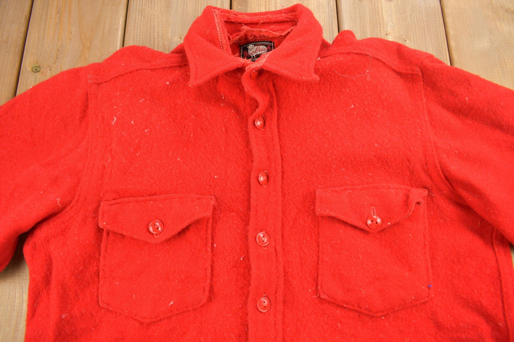 Vintage 1950s Woolrich Red Wool Button Up Shirt Men's Large from propervintagecanada