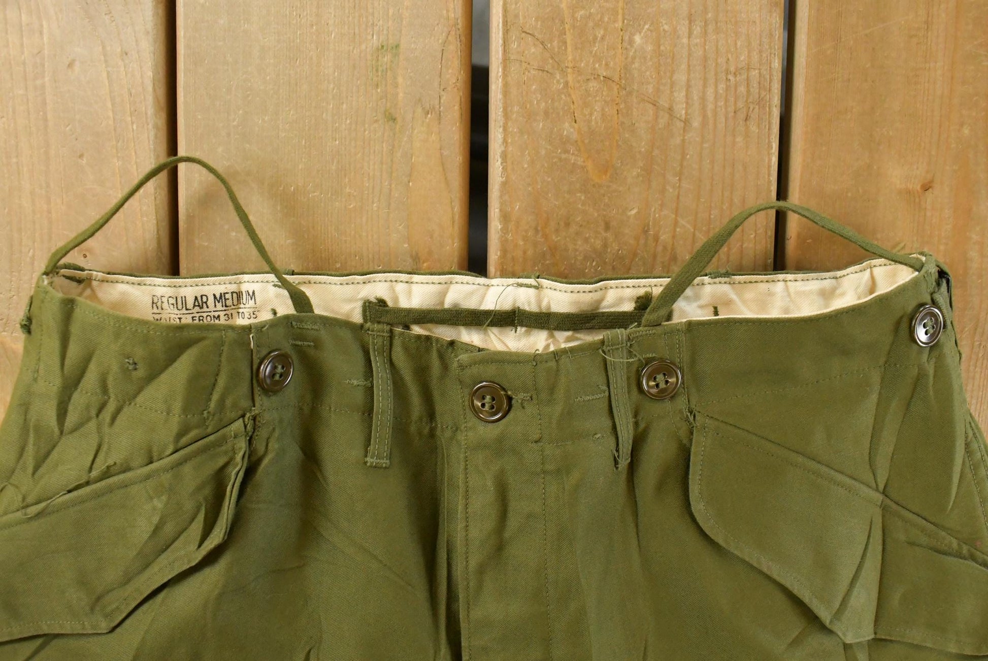 Vintage 1951 M-1951 Army Field Trousers, Olive Drab Cargo Pants (35x28) Streetwear from propervintagecanada