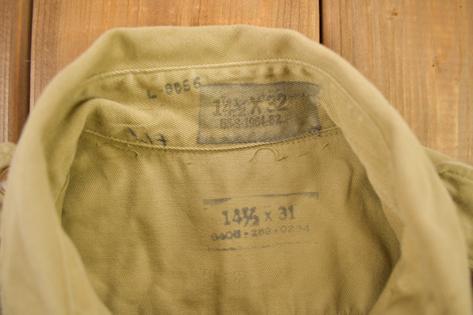 Vintage 1952 Military Khaki-1 Stand-Up Collar Button Up Shirt Men's Large from propervintagecanada
