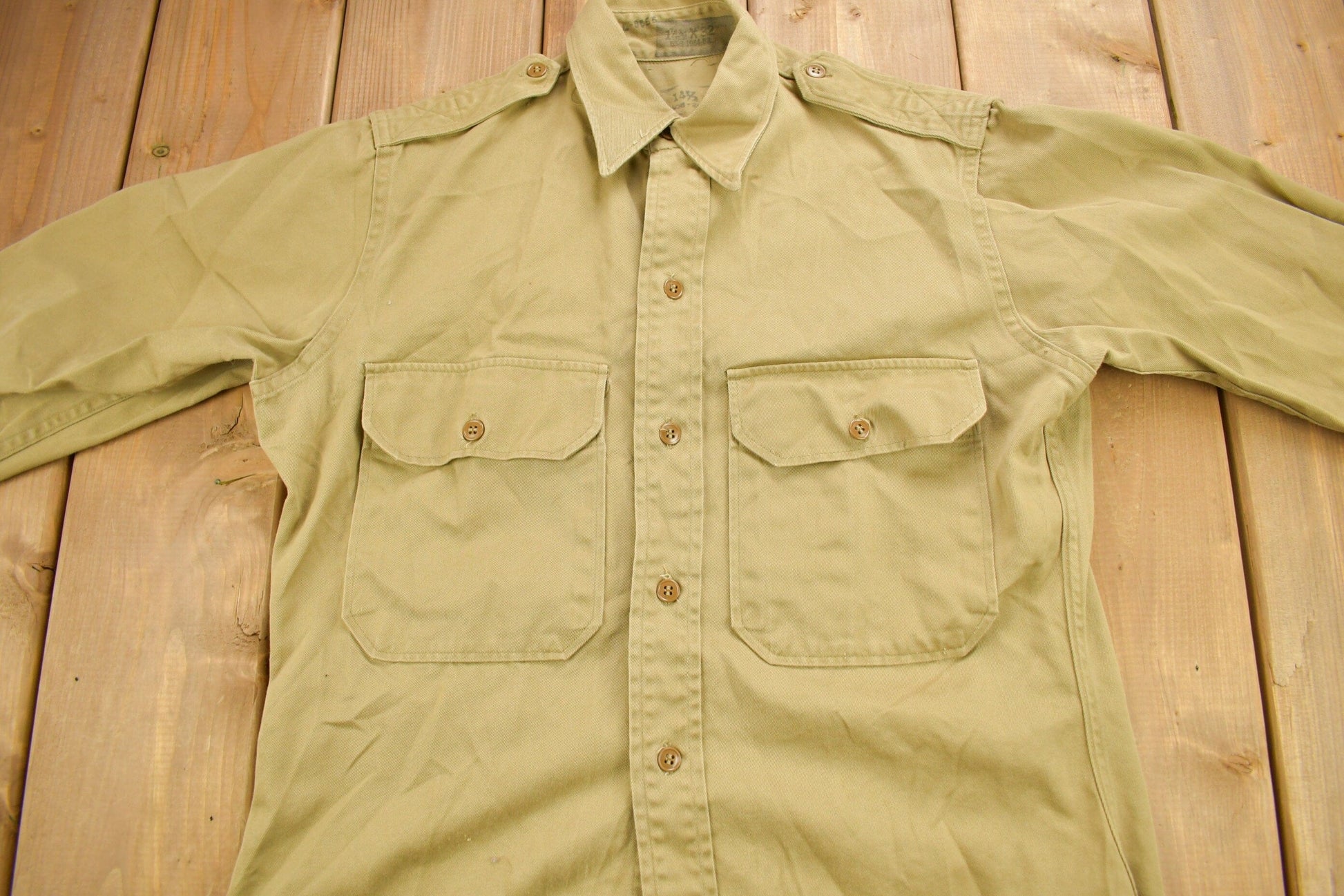 Vintage 1952 Military Khaki-1 Stand-Up Collar Button Up Shirt Men's Large from propervintagecanada