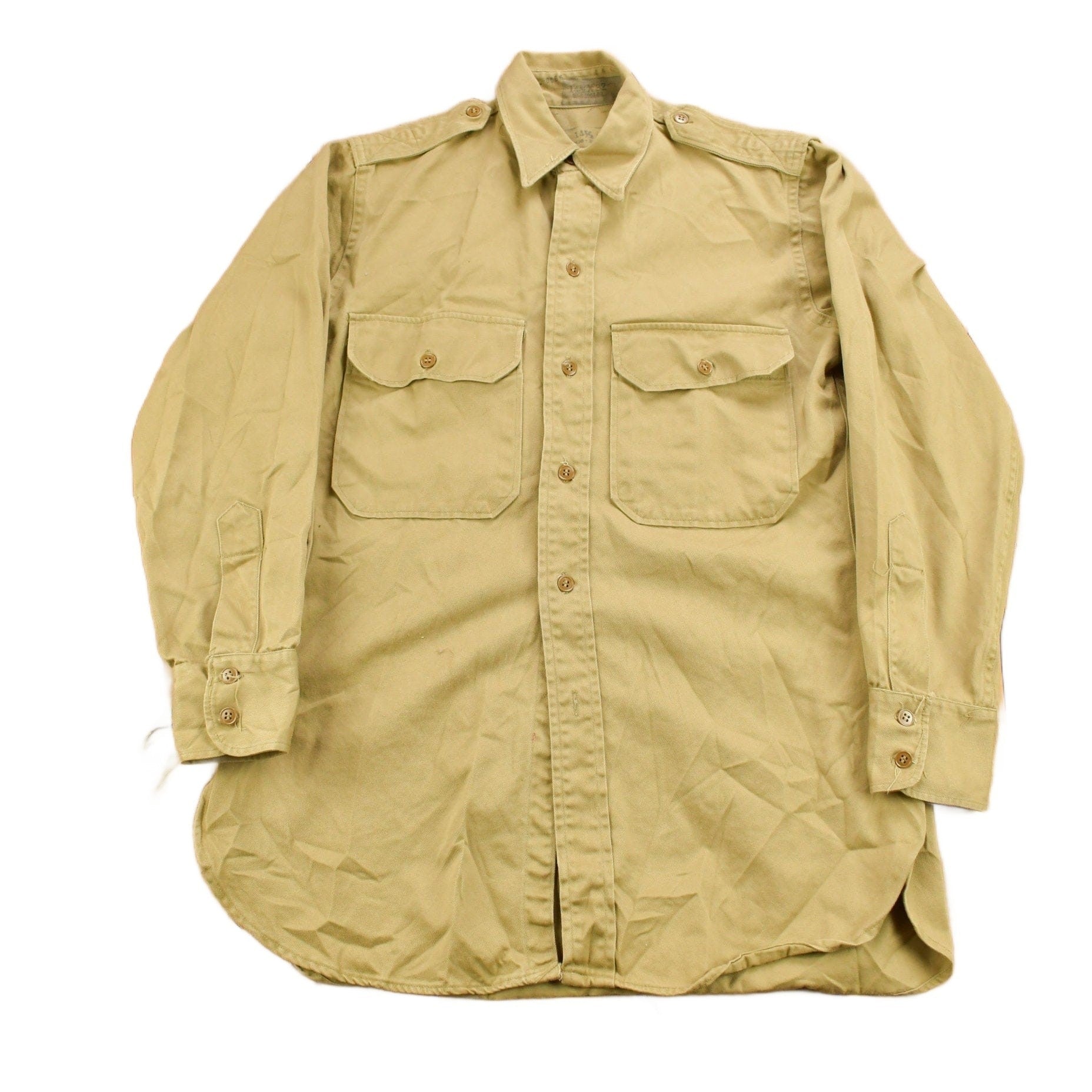 Vintage 1952 Military Khaki-1 Stand-Up Collar Button Up Shirt Men's Large from propervintagecanada
