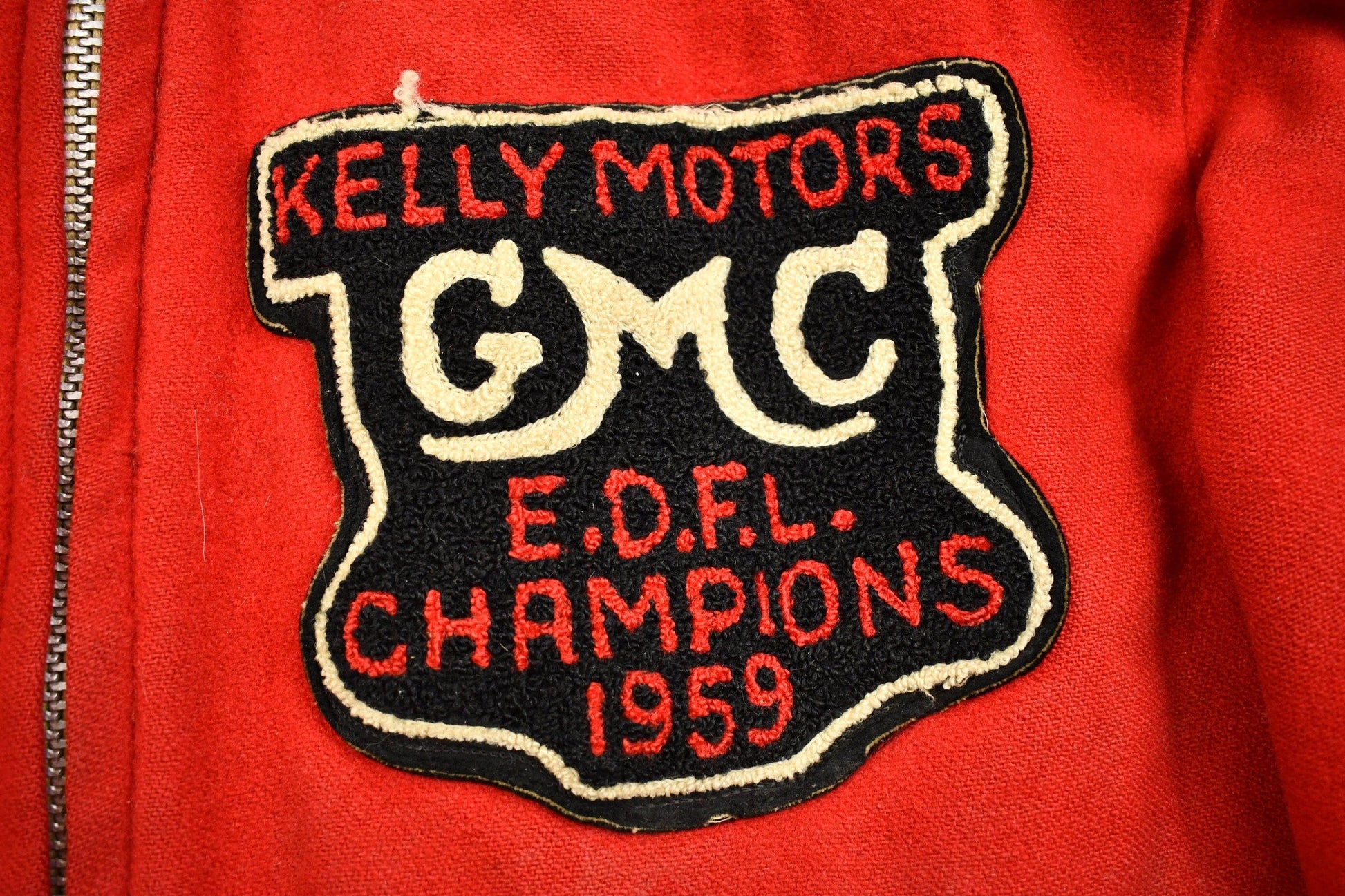 Vintage 1959 Kelly Motors GMC E.D.F.L Champions Red Wool Coat Men's 2XL from propervintagecanada