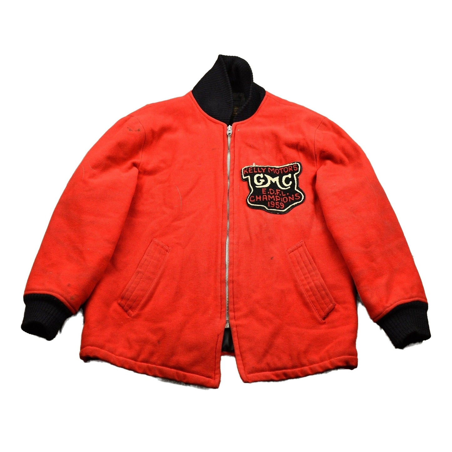 Vintage 1959 Kelly Motors GMC E.D.F.L Champions Red Wool Coat Men's 2XL from propervintagecanada