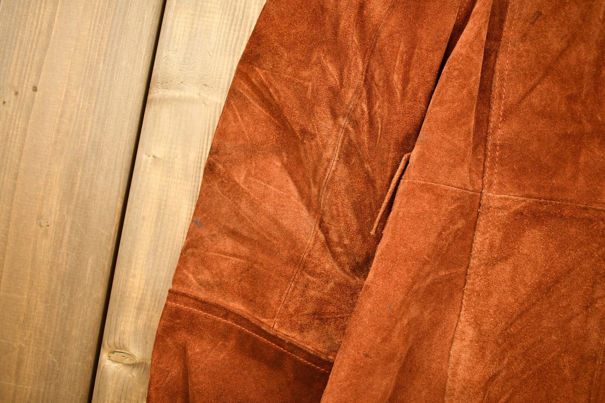 Vintage 1960s Burnt Orange Full Length Suede Leather Jacket Men's Small from propervintagecanada