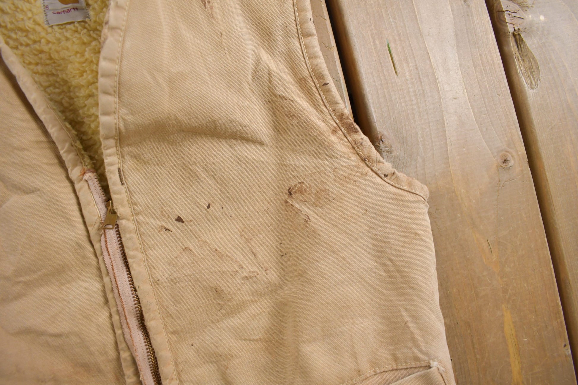 Vintage 1960s Carhartt Sherpa Lined Beige Work Vest from propervintagecanada