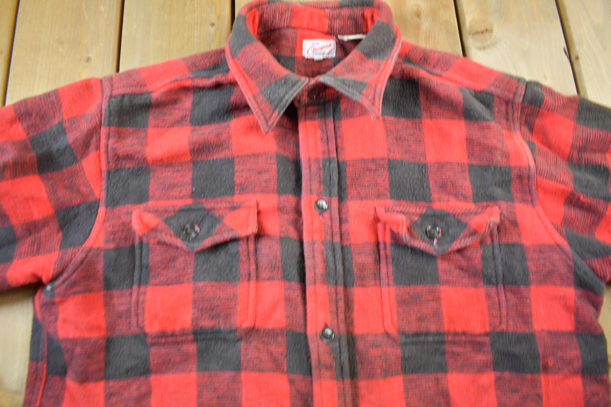 Vintage 1960s Champion Button Up Plaid Flannel Trucker Shirt Men's Large from propervintagecanada