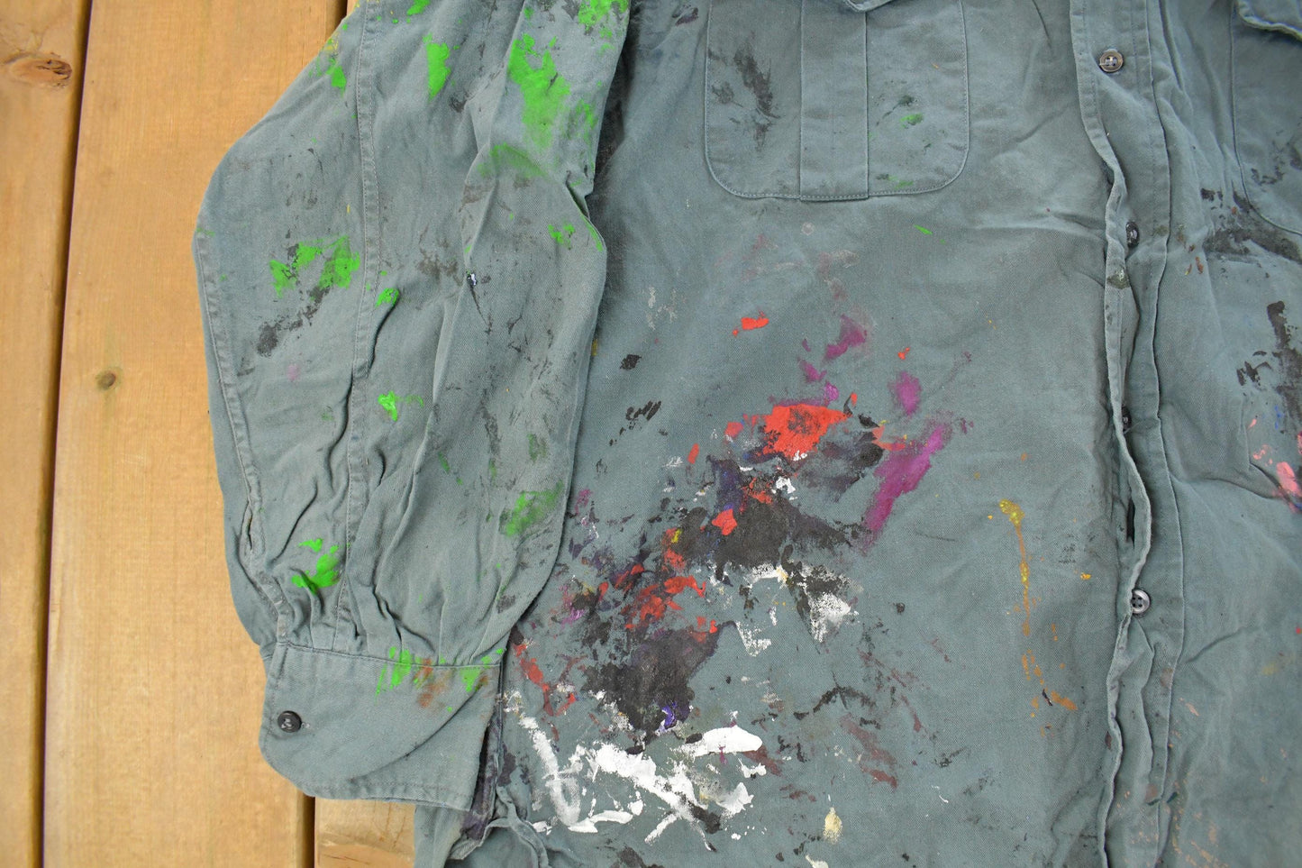 Vintage 1960s Champion Paint Splatter Button Up Shirt Men's Large from propervintagecanada