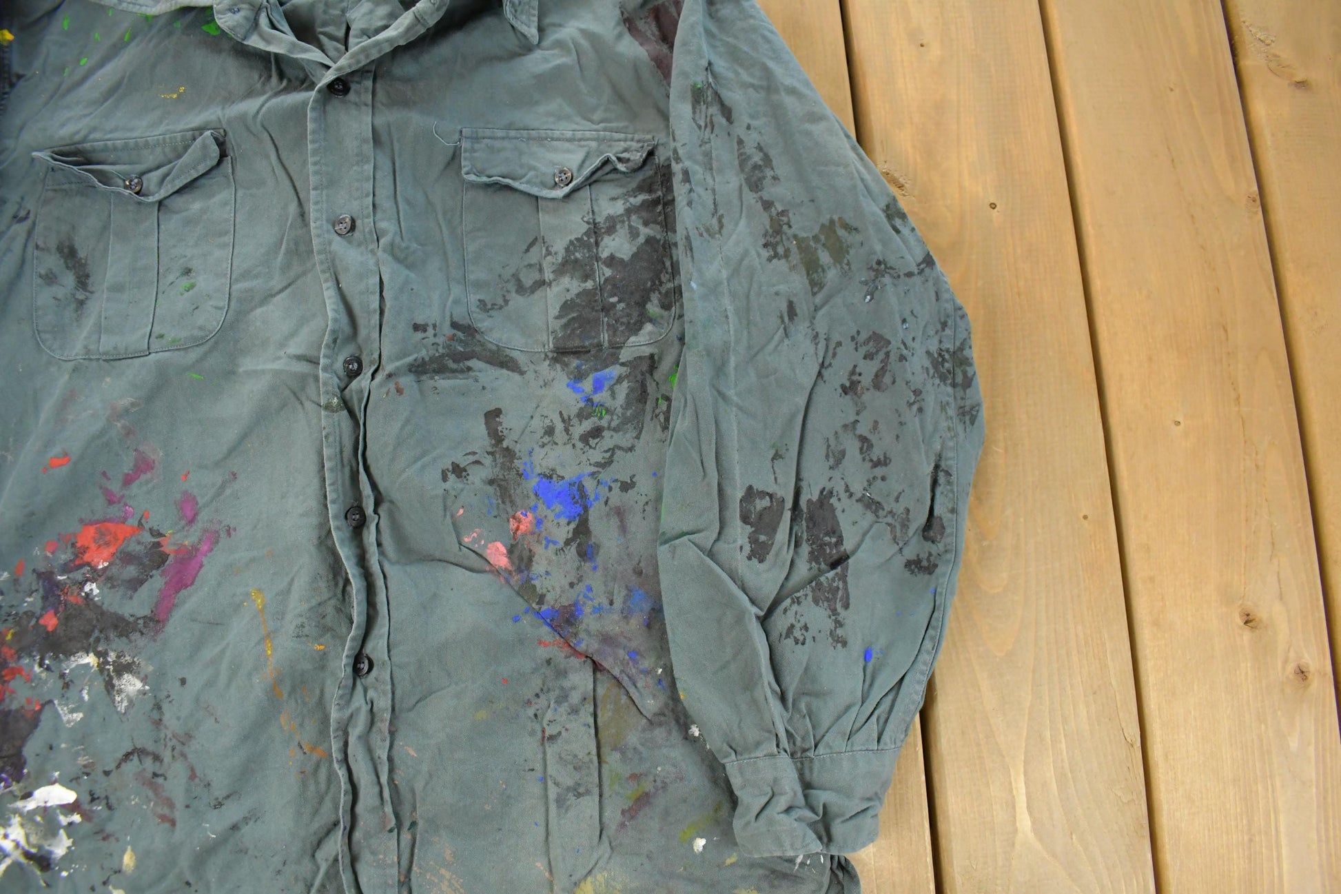 Vintage 1960s Champion Paint Splatter Button Up Shirt Men's Large from propervintagecanada