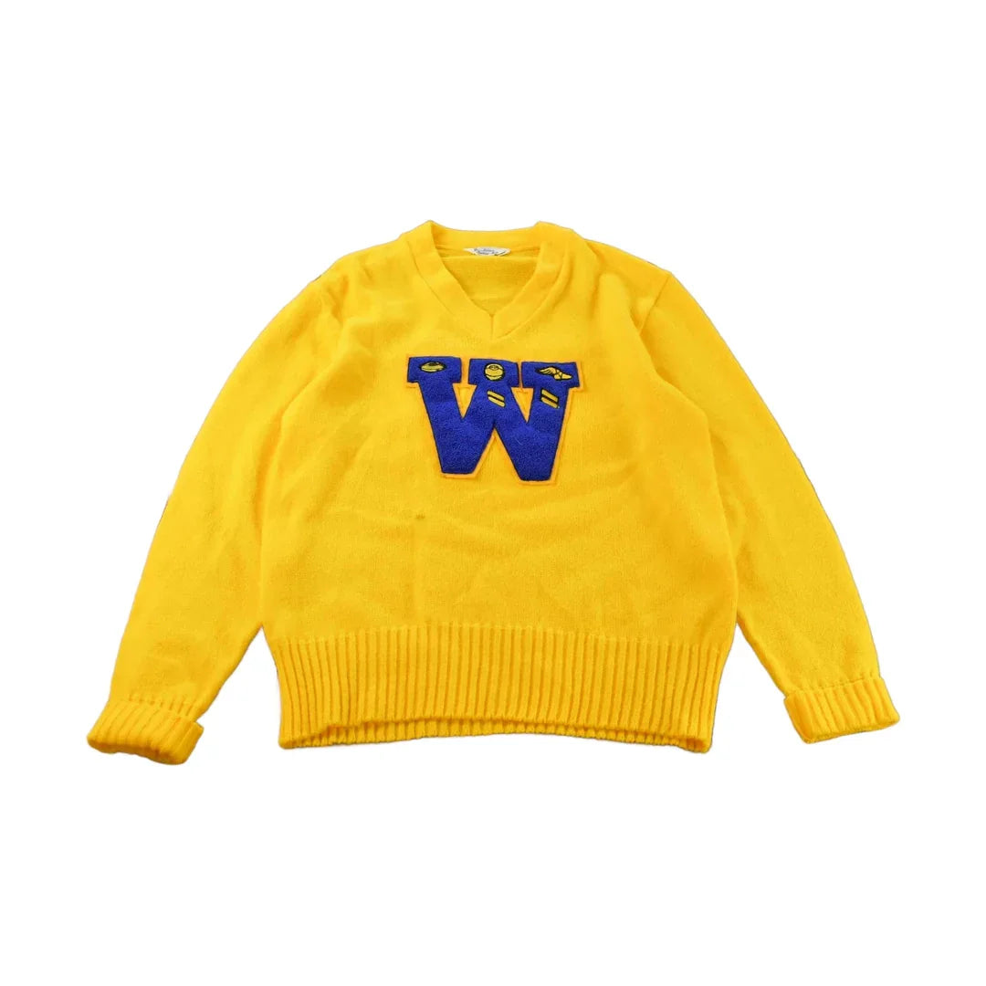 Vintage 1960s Chenille Patch Collegiate Knit V-Neck Sweater Men's Large from propervintagecanada